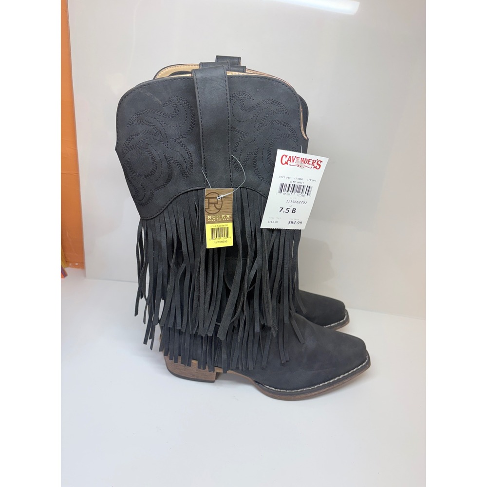 Roper Womens 7.5B Black Faux Suede Fringe Snip Toe Western Cowboy Boots NEW